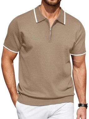 Men's #1-khaki Zipper Polo Shirt Casual Knit Short Sleeve Classic Fit Tee Style